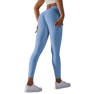 Light blue high waist yoga leggings with scrunch butt lift design shown from back view