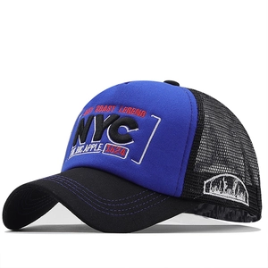 3D NYC embroidered mesh trucker hat with blue front panel and black visor in 45-degree view