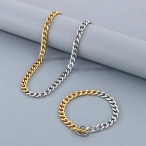 Hip hop two-tone gold and silver stainless steel NK chain necklace and bracelet set