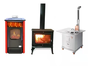 Three heat-powered fireplace fan models in red and black for stoves and heaters