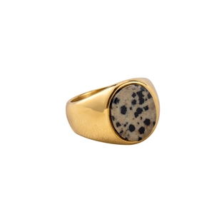 18K gold plated stainless steel signet ring featuring a round Dalmatian stone inlay