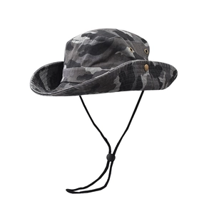 Outdoor digital camouflage sun hat with wide brim and adjustable chin strap