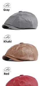 Detailansicht von grauen, khakifarbenen und roten Vintage-Schiebermützen aus Kunstleder