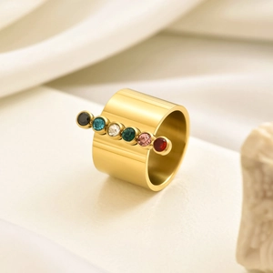 Gold plated stainless steel ring with six colorful round zircon stones in a wide band