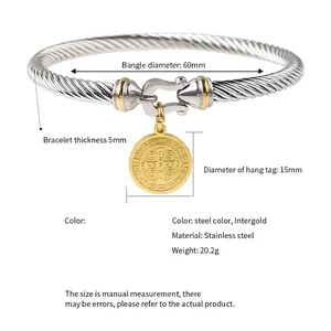 Stainless steel cable wire bracelet with 18K gold St. Benedict medal and mixed metal finish