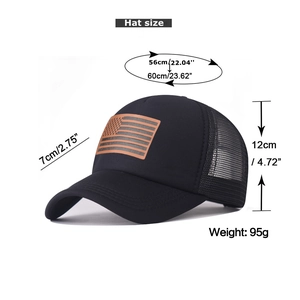 Detailed measurement guide for American flag trucker hat showing size and 95g weight
