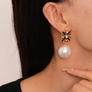 Vintage gold square earrings with black enamel, rhinestones and large round white pearls