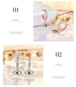 Dettaglio di orecchini a cerchio Evil Eye con zirconi micro-pave in oro rosa e argento