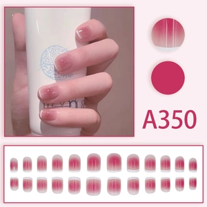 Short round gradient rose red press-on nails with white French tips, model A350