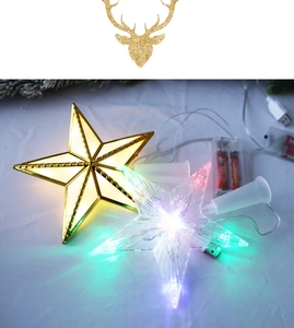 Close-up of golden and multi-colored LED star ornaments with decorative reindeer graphic