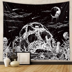 Gothic Melting Skull Tapestry Wall Hanging Black And White Polyester Moon Star Dark Art Decor