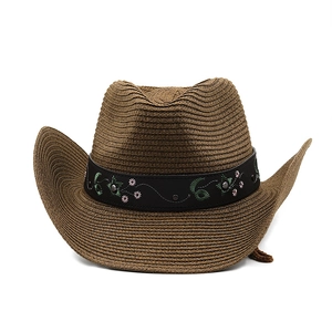 Detailed straw cowboy hat with ethnic floral embroidery and metallic silver rivets