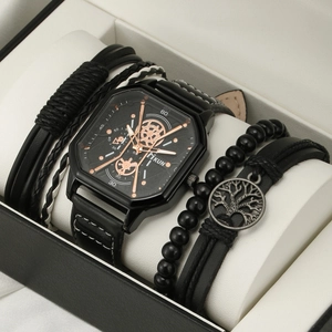 Detail of men's square watch with leather bracelets and Tree of Life charm in a gift box