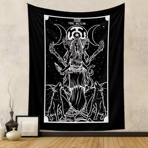 Bohemian tarot style wall tapestry featuring The Moon design with a goddess and wolves