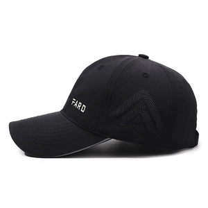 Black breathable baseball cap with white FARD embroidery and laser-cut side vents