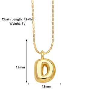 Detailed size specifications for gold bubble letter D pendant necklace on bead chain