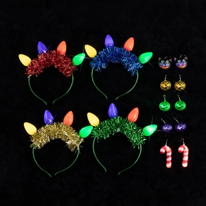 LED Light Up Christmas Bulb Headband With Metallic Tinsel Holiday Party Costume Prop Glowing Hair Accessory