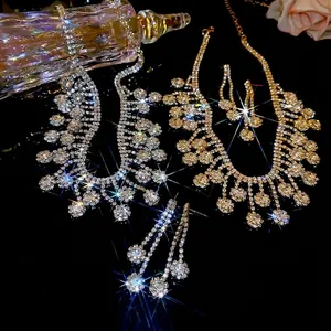 Luxury sparkling rhinestone fringe necklace and earring sets in silver and gold colors