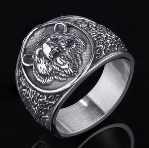 Vintage Nordic 3D bear head stainless steel ring with rustic silver finish for men
