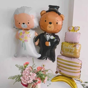 Wedding bear foil balloons featuring bride, groom and a multi-layer wedding wishes cake