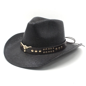 Western Cowboy Straw Hat With Faux Leather Band Metal Bull Head Rivets Vintage Breathable Sun Shade Wide Brim