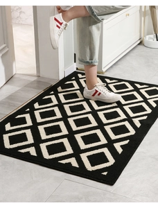 Close-up of geometric pattern entryway mat with non-slip texture in home hallway