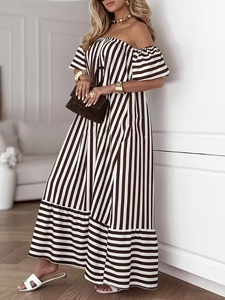 Women Off The Shoulder Striped Maxi Dress Polyester Bubble Sleeve Loose A-Line Elegant Leisure Long Beach Vacation Gown