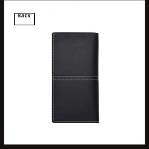 Macro detail of the back of a slim black leather wallet with white stitching and lychee texture