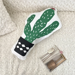 Close-up of a cactus shaped cushion with cute expression on white fleece fabric background