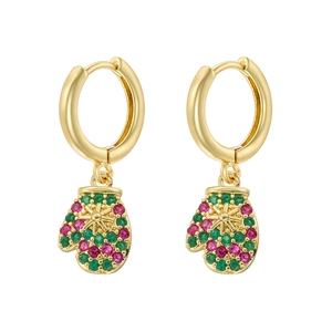 Golden Christmas glove earrings with red and green cubic zirconia in a festive design