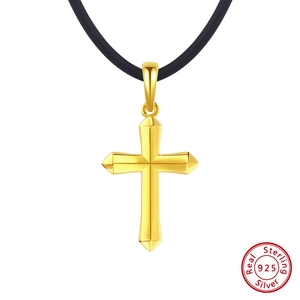 Polished gold sterling silver cross pendant on black cord necklace for men
