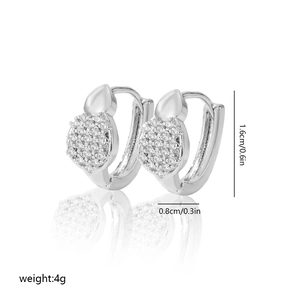 Detailed close-up of silver drop earrings with pavé zircon setting and product dimensions