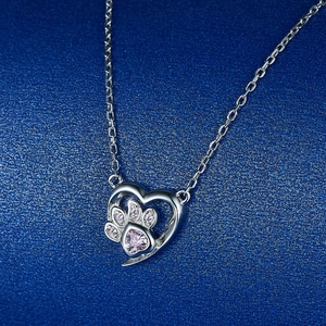 Elegant S925 sterling silver heart necklace with pink zircon cat paw pendant for women