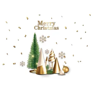 Green Christmas tree with gold and white cone ornaments and snowflakes on white background