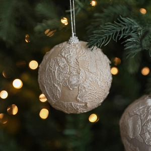 Lace-covered 8cm Christmas foam ball ornament with floral texture for tree decoration