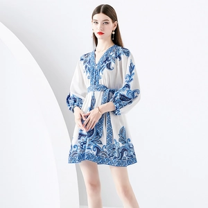 V-neck paisley print mini dress with lantern sleeves and belted waist in white and blue