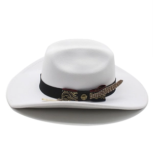 Detailed close-up of white felt cowboy hat with feather decoration and ethnic ribbon