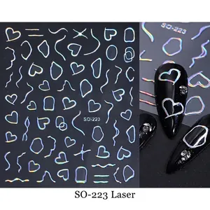 Detail of SO-223 laser silver heart and wave line nail stickers on black base
