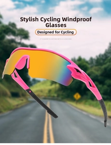 Macro shot of colorful cycling sunglasses with pink frames and integrated polarized lenses