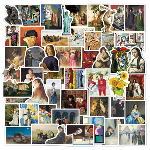 Detailed collage of classic art stickers featuring Van Gogh and Mona Lisa for decoration