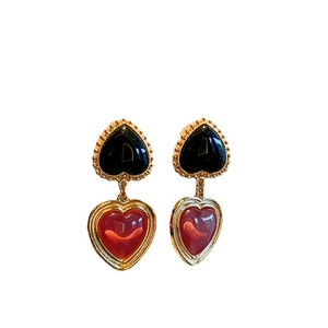 French vintage 18K gold plated heart earrings featuring red and black enamel drop charms