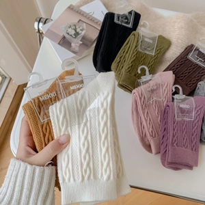 Chaussettes Mi-Mollet Femmes Tricot Torsadé Chaud Rétro Couleur Unie Doux Bord-Côte Automne Hiver