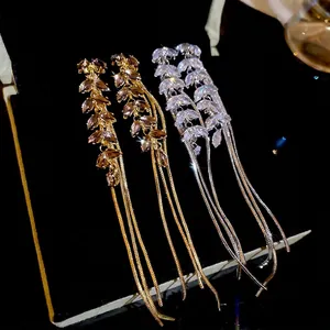 Elegant wheat leaf tassel earrings with sparkling zircons in gold and silver finish