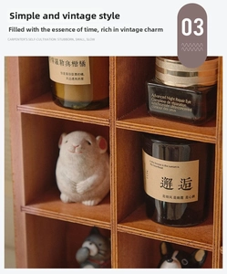 Detailed view of a vintage dark brown wood storage box with a 9-compartment layout