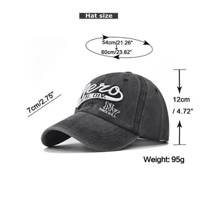 Size chart showing circumference, brim, and height of the washed grey baseball cap