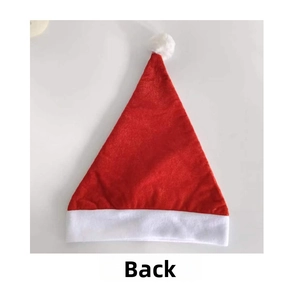 Detail view of the back of a thick plush Santa hat with white pompom and soft trim