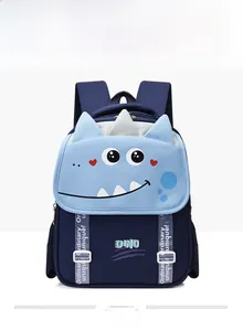 Detail view of sky blue ergonomic school backpack with cute cartoon dinosaur embroidery