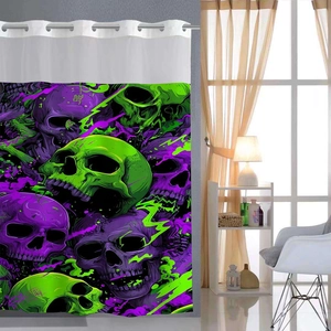 Detail of waterproof shower curtain with green and purple skull graffiti and metal grommets