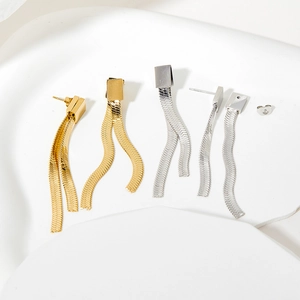 Elegant long square fringe tassel drop earrings in gold and silver stainless steel