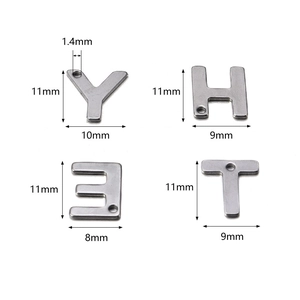 Macro view of stainless steel A-Z letter pendants with detailed size dimensions